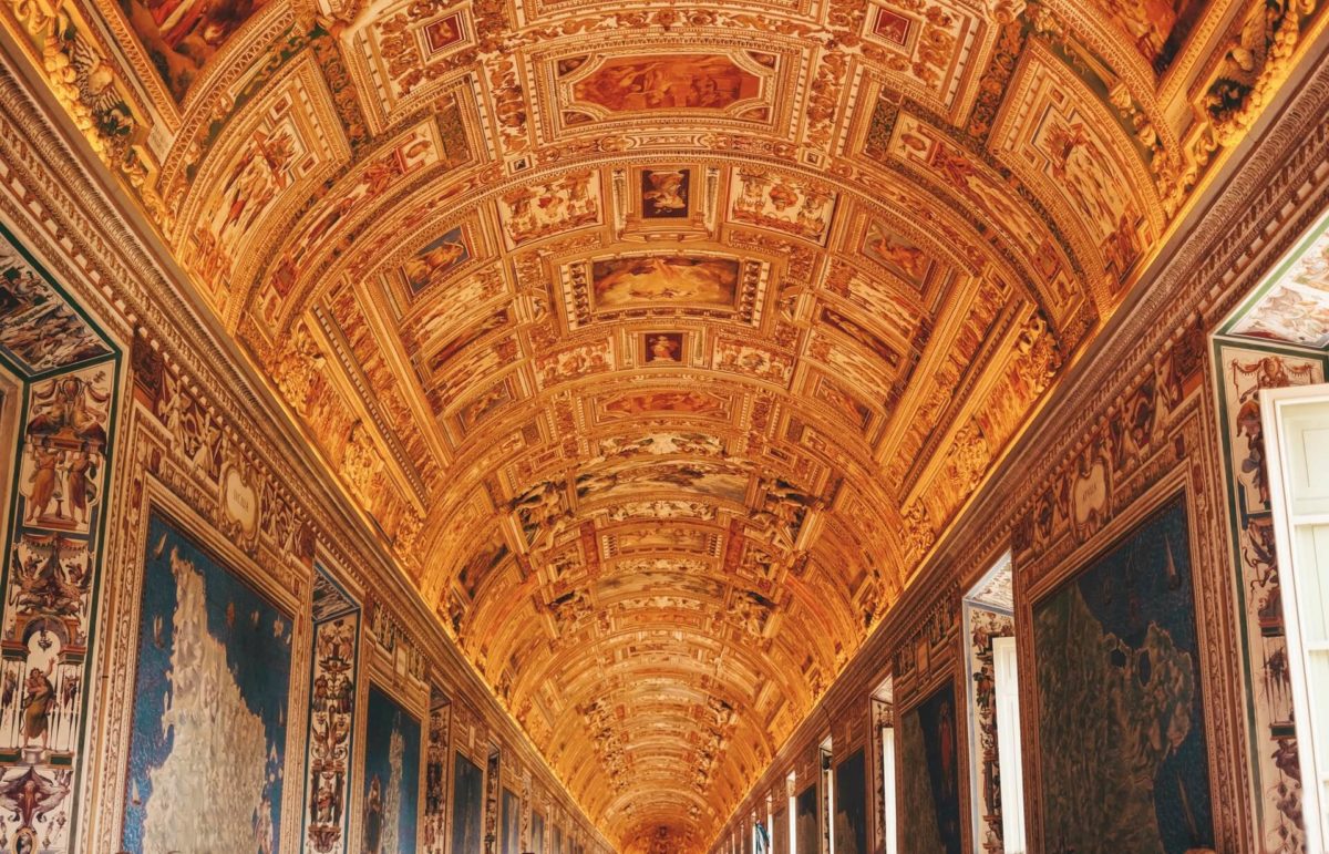 A painted ceiling in a main hallway of the Vatican Museums.