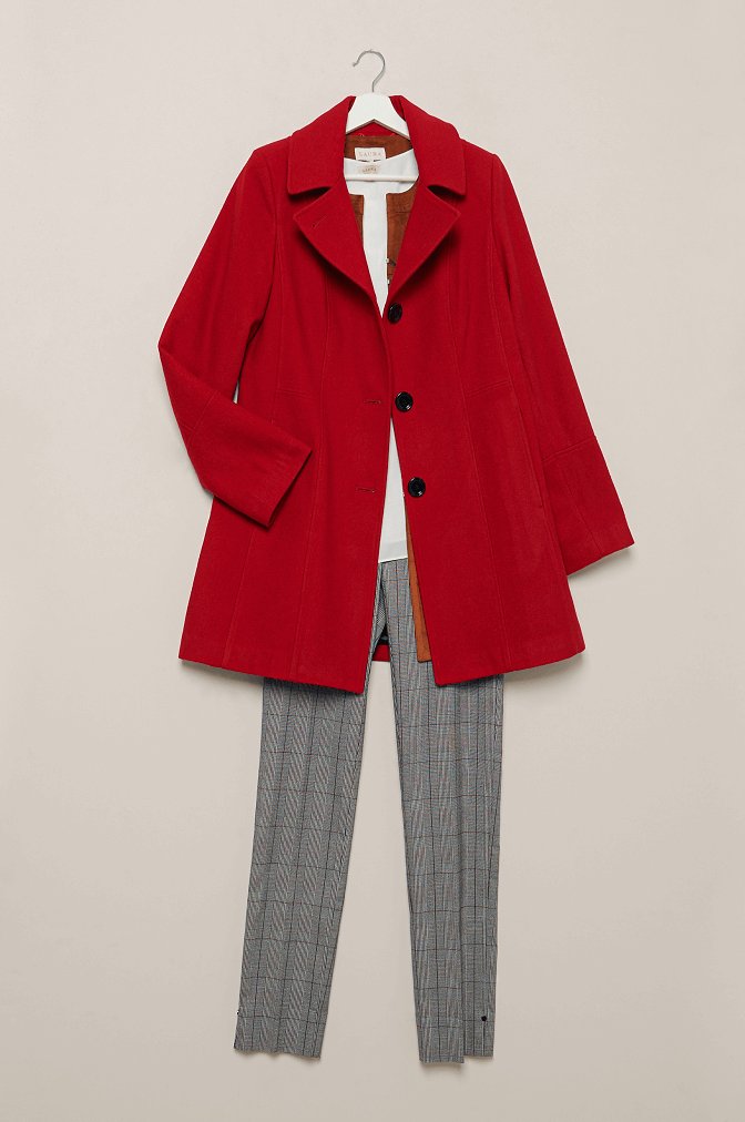 Structured wool blend coat styled with top and pants.